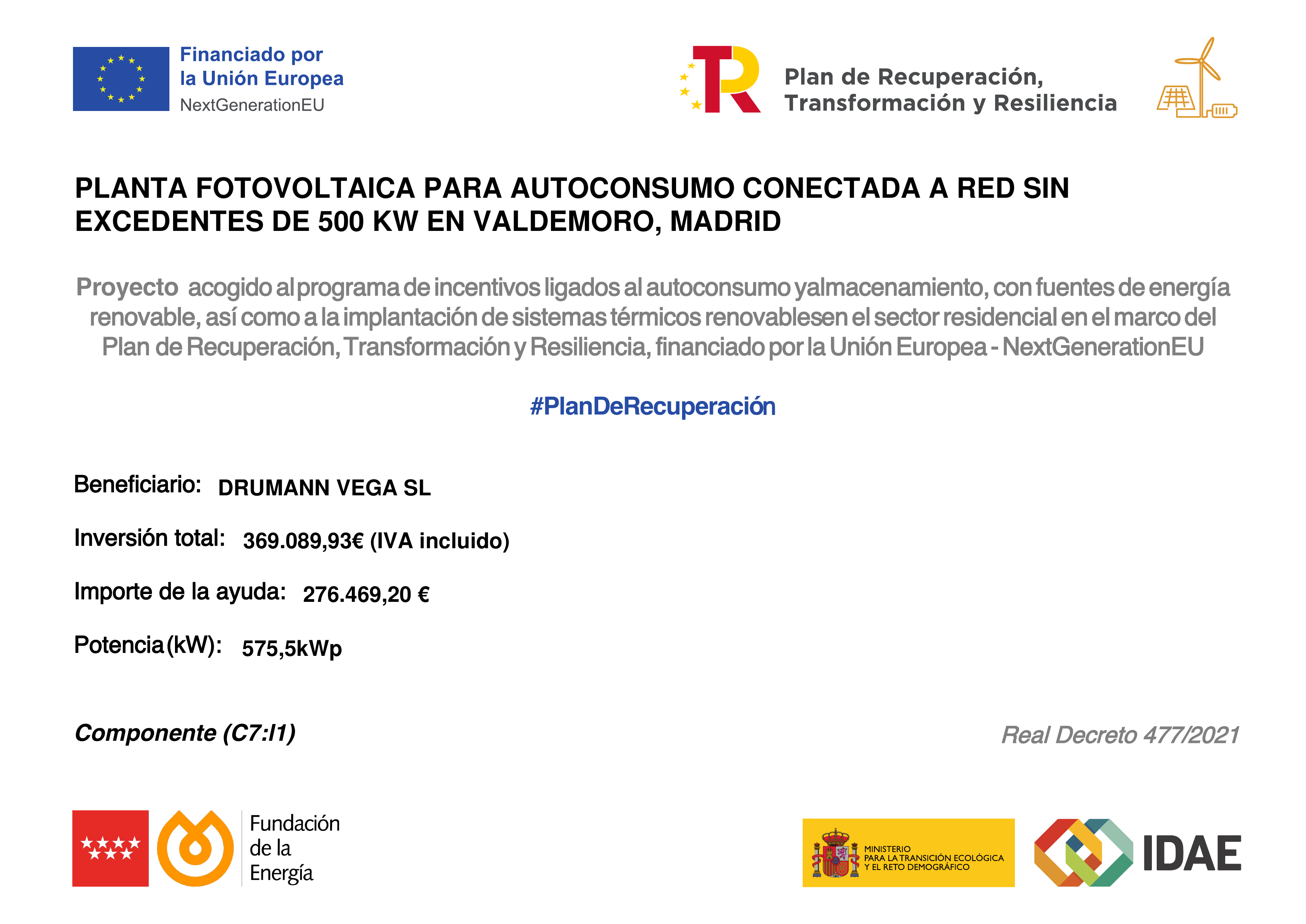 Subvención Planta Fotovoltaica - Financiado por la Unión Europea NextGenerationEU - Plan de Recuperación, Transformación y Resiliencia